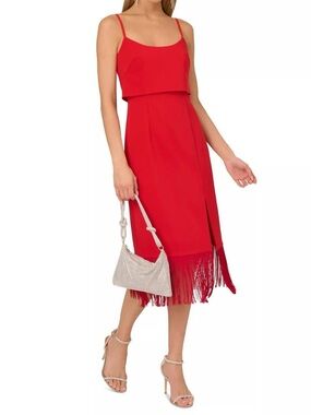 Adrianna Papell Red Fringe Midi Dress with Spaghetti Straps